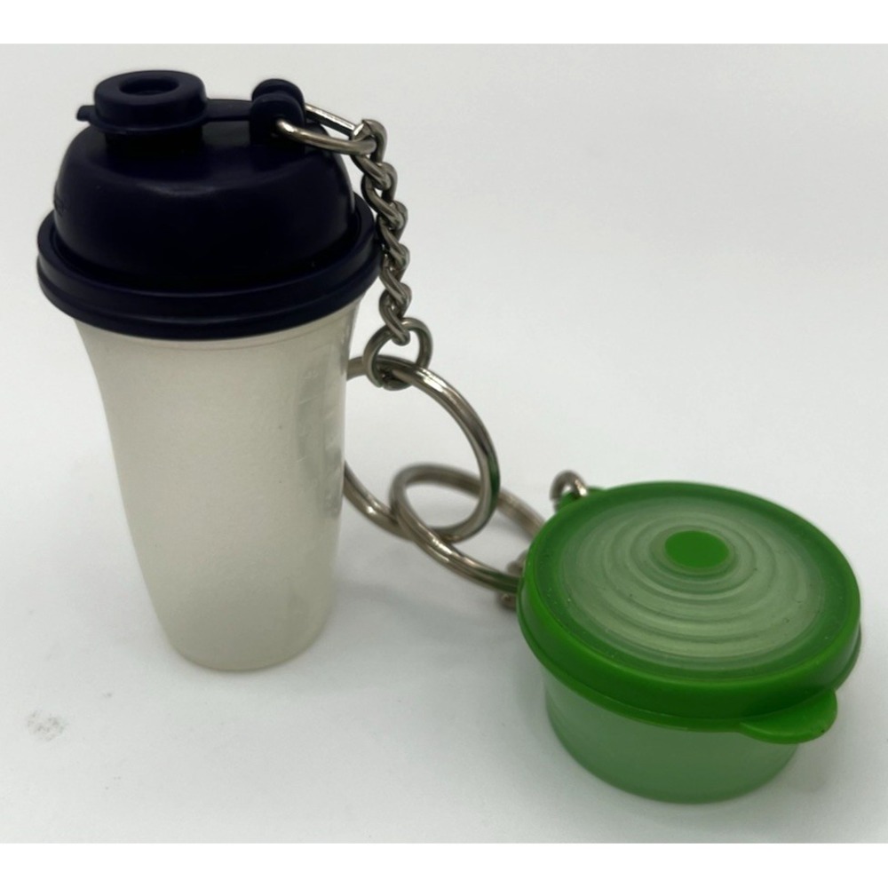 2 Tupperware Mini Key Chain Lot Shaker Mixer Bottle Blue & Stuffables Bowl Green